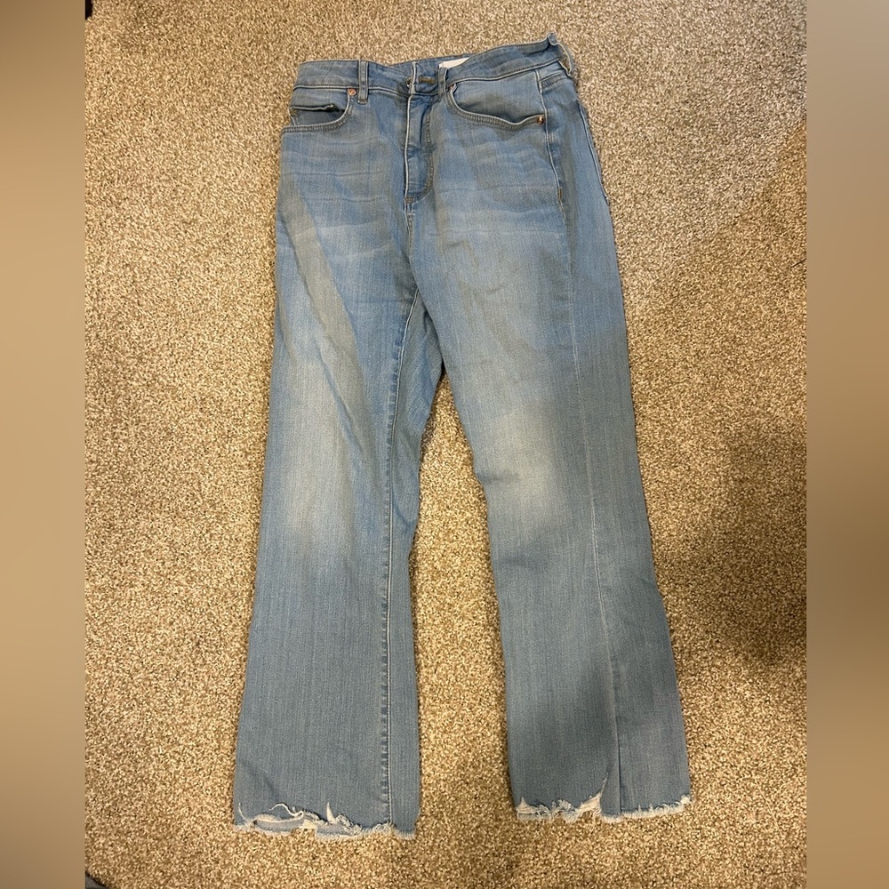 Loft Curvy Chewed Hem High Rise Kick Crop Jeans In Pure Light Indigo Wash